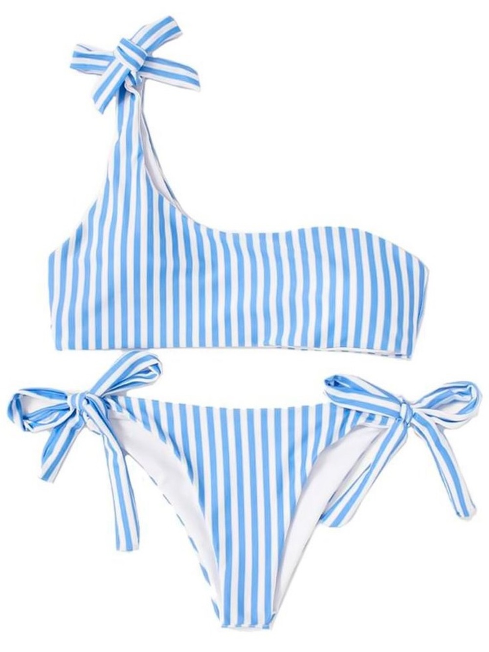 SHEIN Blue and White Striped One-Shoulder Tie-Side Bikini